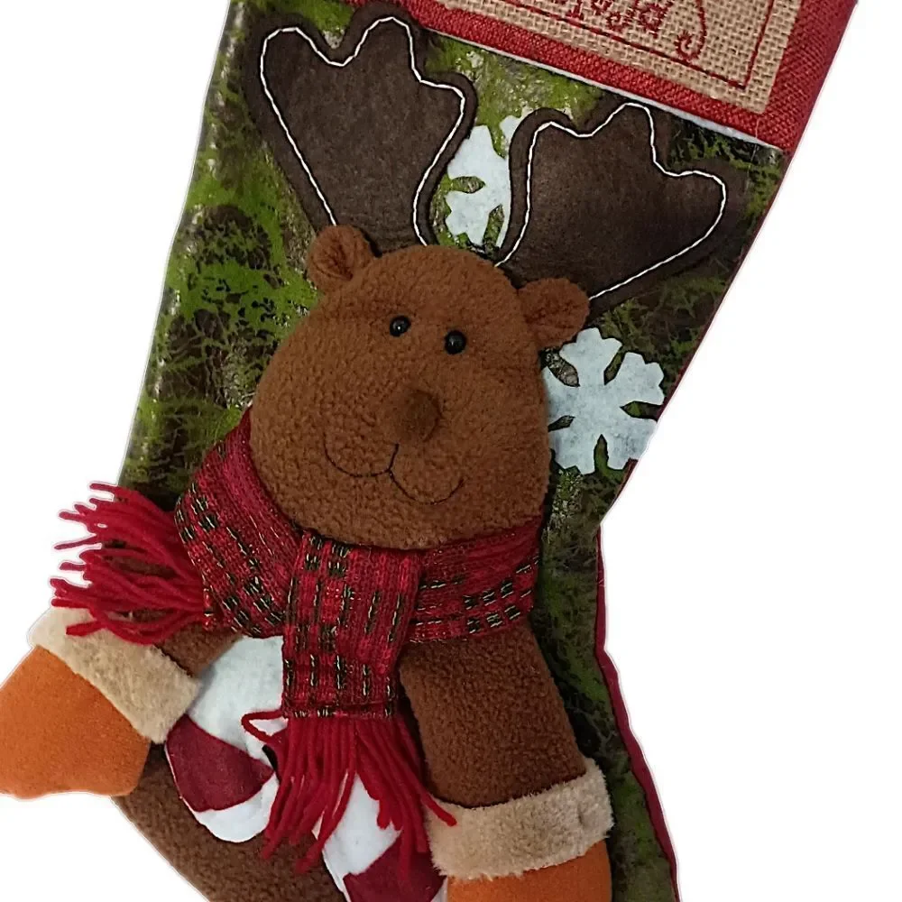Reindeer‎ Moose Christmas Stocking Plush Folk Art Cabin Rustic Farmhouse Holiday